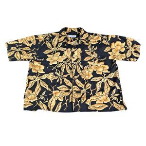 Hawaiian Vintage Black/Gold Flowered Short Sleeve‎ Button Up Shirt Mens Size XXL